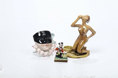 Figura in Porcellana, Maschera Femminile, Insieme a Piccolo Calamaio in Porcellana Raffigurante S...