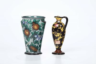 Due Vasi in Ceramica Decoro in Policromia a Motivo di Fantasia Vegetale, uno Marcato Map Pesaro