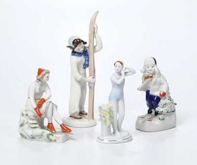 Gruppo di Quattro Figurette in Porcellana, Figure dello Sport, Era Sovietica