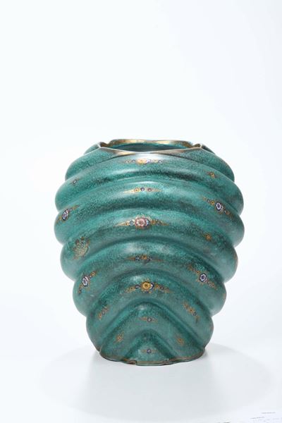Grande Vaso in Ceramica di Deruta Dipinto in Verde, Decoro a Costole con Motivi Floreali, Anni '3...