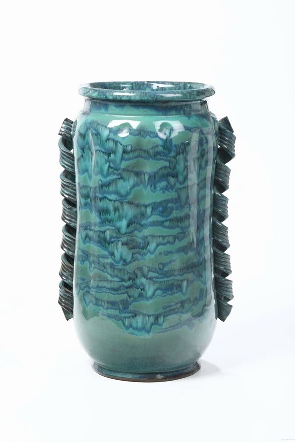 Grande vaso a cilindro in ceramica smaltata verde, marcato Batini, Firenze anni 30