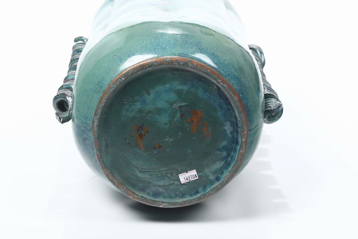 Grande Vaso a Cilindro in Ceramica Smaltata Verde, Marcato Batini, Firenze Anni 30