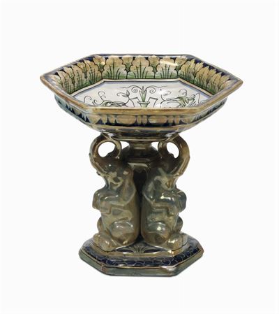 Bella Alzata in Ceramica a Lustro Oro con Elefanti, Marcata Robbia, Anni 20/30
