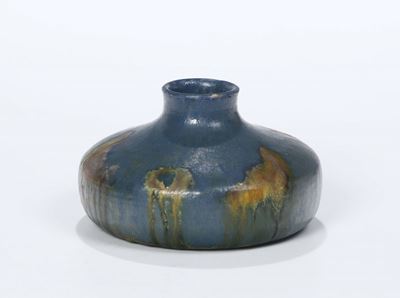 Vaso Basso in Ceramica Smaltato con Colature Firmato Fagniani Faenza, Databile Anni 30/40, Recant...