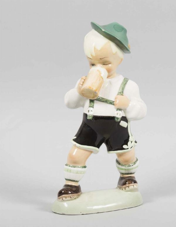 Ars Pulchra, Torino, 1950 ca. A figure of a boy drinking beer, earthenware ceramics with a polychrome decor