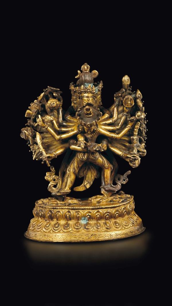 A gilt bronze figure of Guhyasamaja on a double lotus flower, China, Qing Dynasty, 18th century
