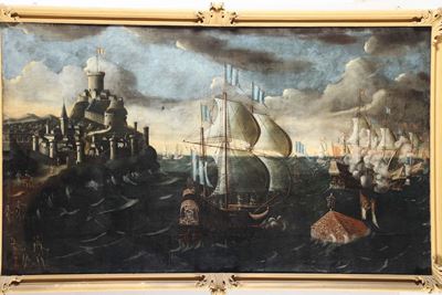 Scuola del XVIII Secolopaesaggio con Battaglia Navale