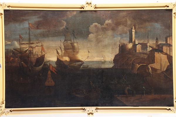 Scuola del XVIII secolo Paesaggio marino con velieri