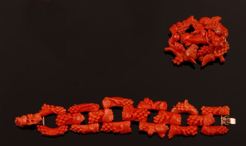 Coral brooch and coral bracelet  - Auction Fine Coral Jewels - Cambi Casa d'Aste