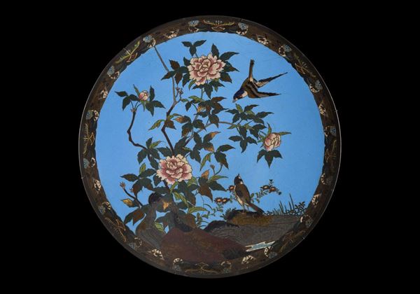 A large cloisonné-enamelled dish with flowers and birds, Japan, 19th century