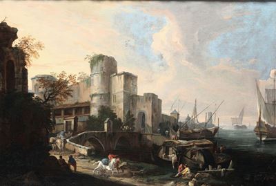 Luca Carlevaris (udine 1663 - Venezia 1730)scena Portuale Immaginaria con un Forte e Cavaliere in...