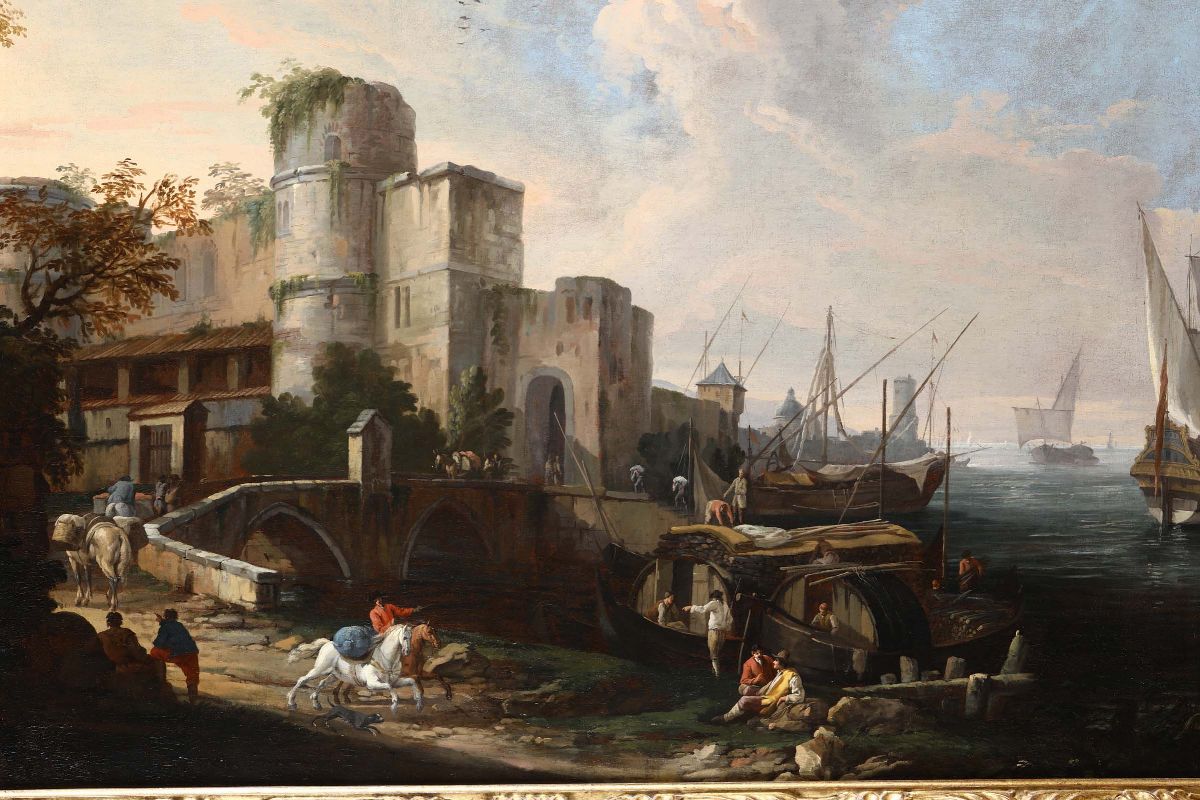 Luca Carlevaris (udine 1663 - Venezia 1730)scena Portuale Immaginaria con un Forte e Cavaliere in...