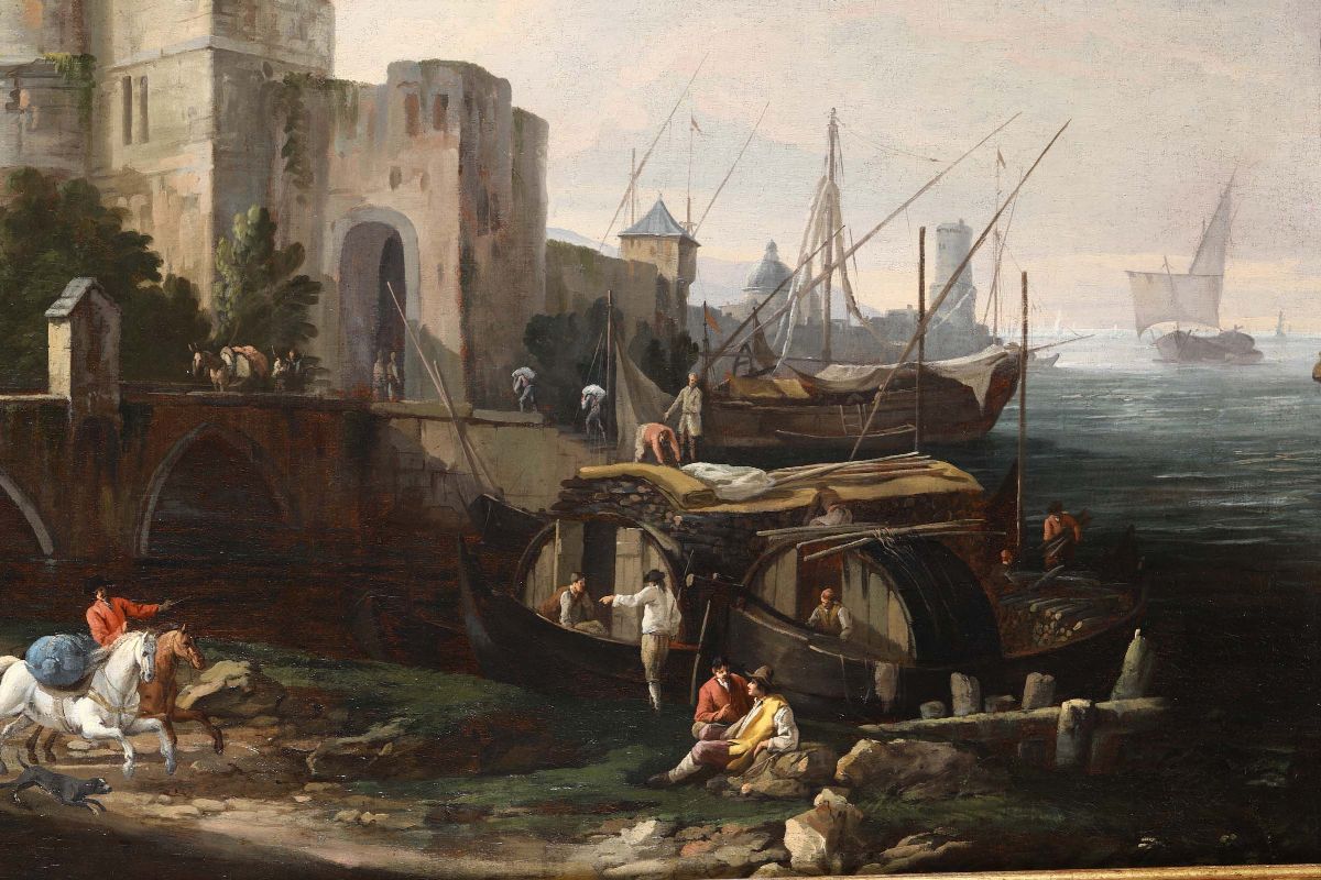 Luca Carlevaris (udine 1663 - Venezia 1730)scena Portuale Immaginaria con un Forte e Cavaliere in...
