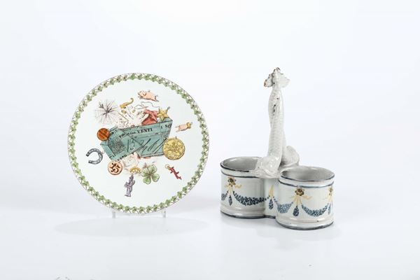 Piattino e oliera in porcellana policroma, XIX-XX secolo