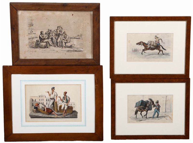Lotto di quattro stampe acquerellate di dimensioni diverse  - Asta Dipinti del XIX e XX secolo - Cambi Casa d'Aste