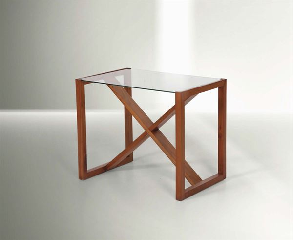 Franco Albini, a low table with a wooden structure and glass top. Italy, 1940 ca. cm 60x50x40