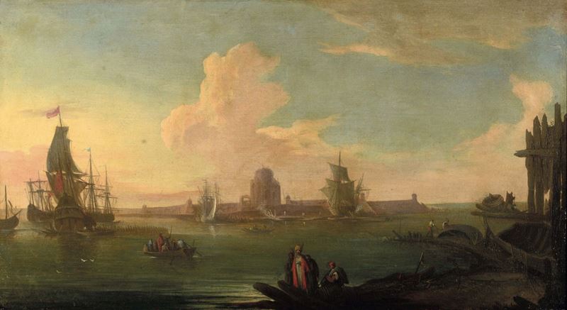 Pietro Brancaleoni (attivo in Veneto tra il 1712 e il 1737) Veduta costiera con velieri e figure  - Asta Dipinti Antichi - Cambi Casa d'Aste