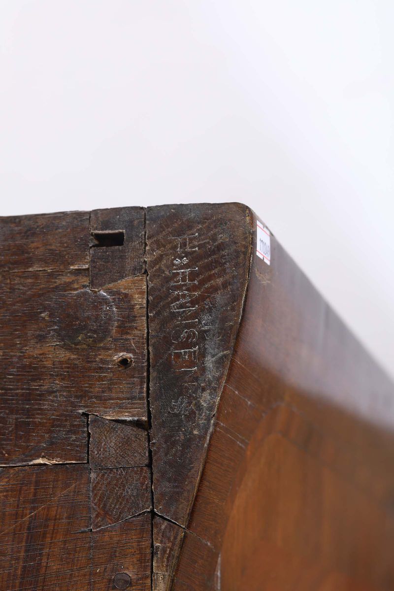 Secretaire Interamente Lastronato in Noce e Filettato, Stampigliato H. Hansen..., XIX Secolo