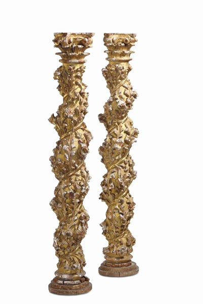Coppia di Colonne Tortili in Legno Intagliato e Dorato, Arte Barocca Italiana del XVII-XVIII Seco...