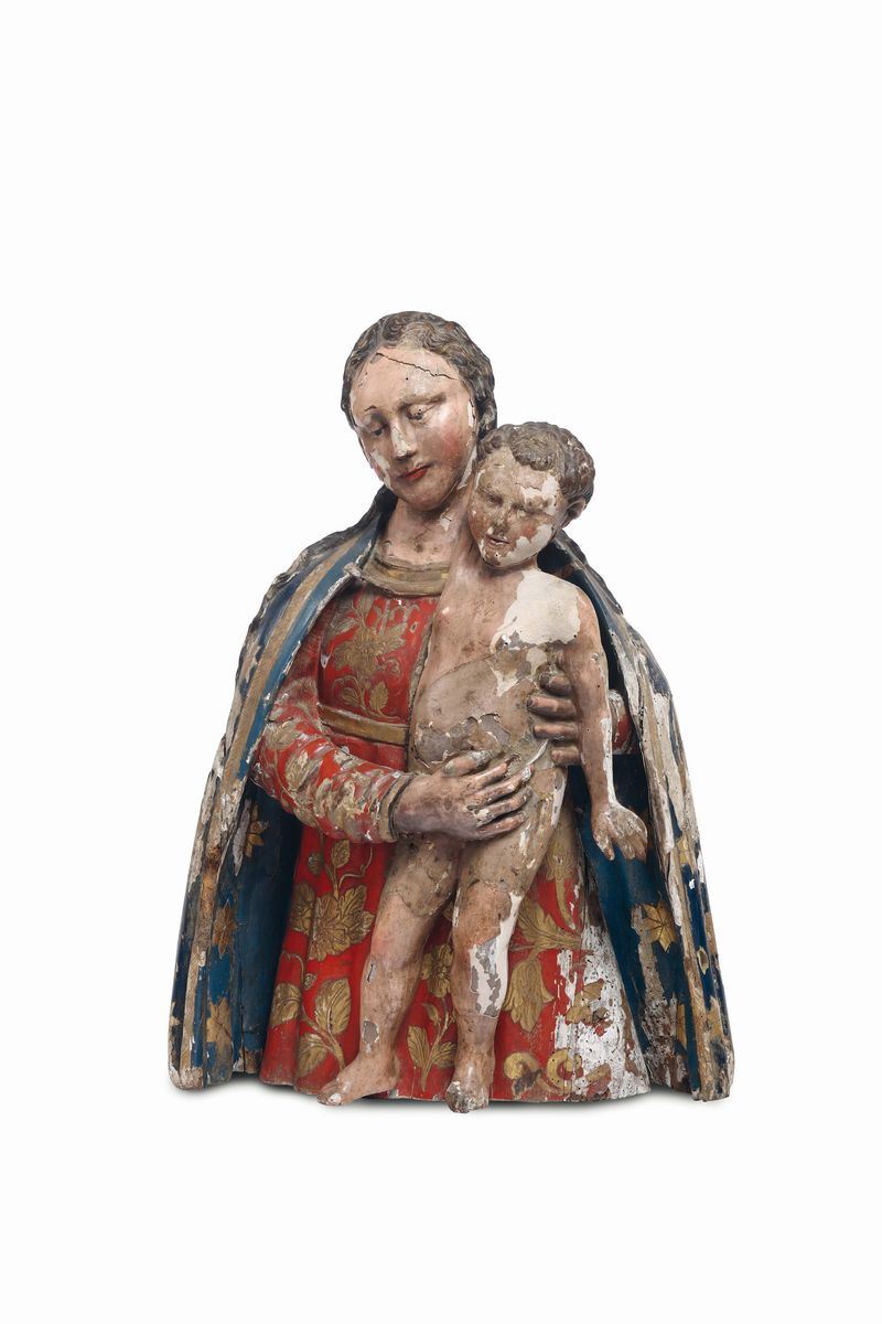 Madonna col Bambino in legno policromo. Scultore rinascimentale attivo a Napoli nel XVI secolo prossimo a Giovanni da Nola (1479-1558)  - Asta Antiquariato - Cambi Casa d'Aste