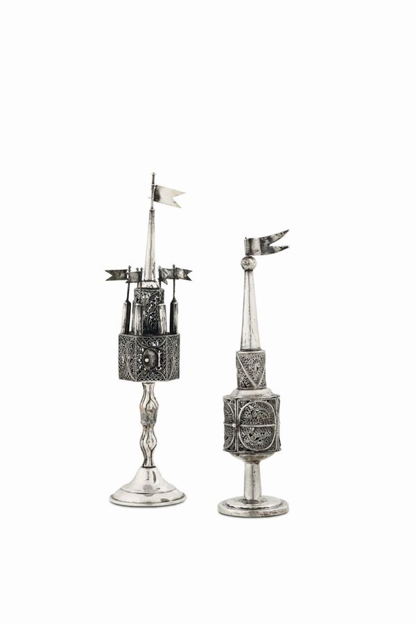 Two besomins in silver and silver filigree, central Europe 19th-20th century.