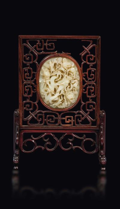 Paravento da Tavolo in Legno con Placca in Giada Bianca, Cina, Dinastia Yuan (1279-1368)