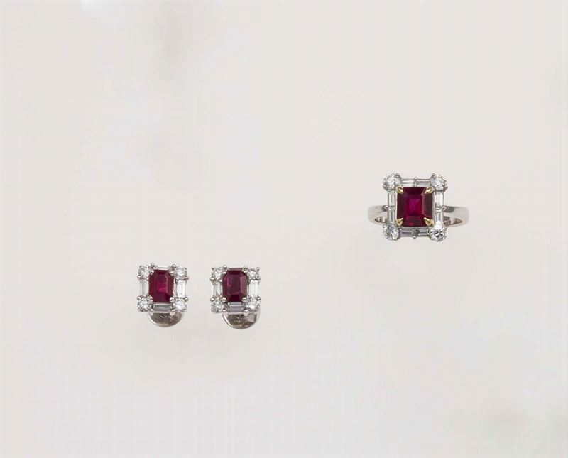 Parure composta da anello ed orecchini con rubini e diamanti  - Asta Fine Jewels - Cambi Casa d'Aste