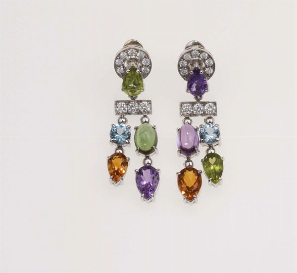 Pair of gem set and diamond earrings. Bulgari Allegra