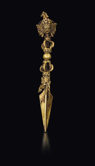 Pugnale Rituale Phurba in Bronzo Dorato, Tibet, XIX Secolo