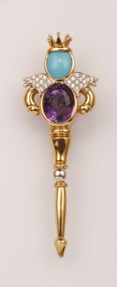 Spilla “Re” con ametista, turchese e diamanti  - Auction Vintage, Jewels and Watches - Cambi Casa d'Aste