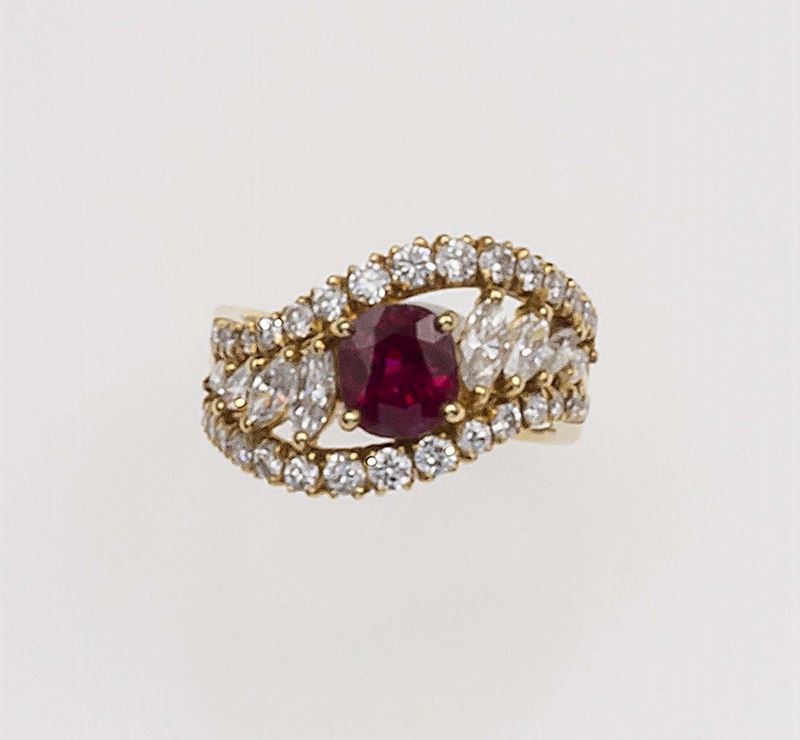Anello con rubino e diamanti taglio brillante e navette  - Asta Fine Jewels - Cambi Casa d'Aste