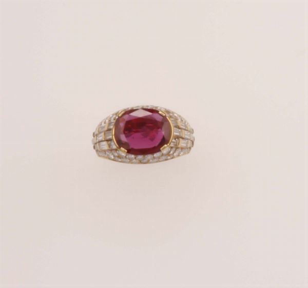 Ruby and diamond ring. Signed Bulgari