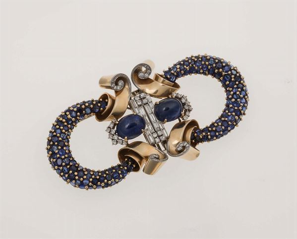 Sapphire and diamond double-clip brooch