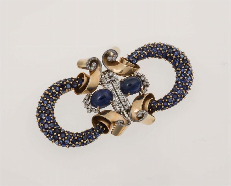 Sapphire and diamond double-clip brooch  - Auction Fine Jewels - Cambi Casa d'Aste
