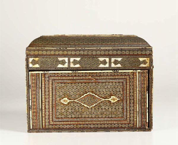 A travel coin cabinet in various woods, ivory and mother-of-pearl. Ottoman art, Syria (Damascus?) 17th-18th century