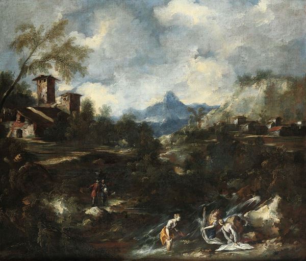 Marco Ricci (Belluno 1676 - Venezia 1730), ambito di Paesaggi fluviali con figure