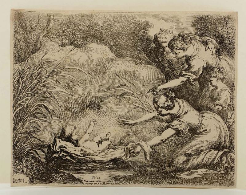 Biscaino, Bartolomeo (1629-1657) Mosè salvato dalle acque  - Asta Vedute, Carte e Libri Rari - Cambi Casa d'Aste