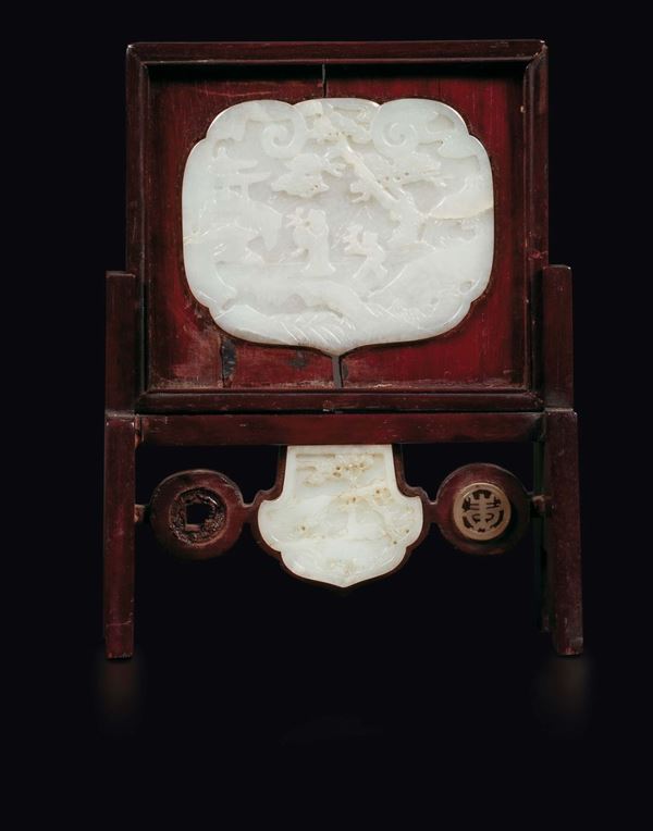 A wooden table screen with white jade plaques with common life scenes, China, Qing Dynasty, 18th century
