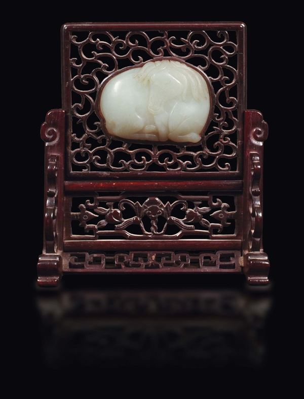A wooden table screen with white jade horse plaque, China, Qing Dynasty, 18th century