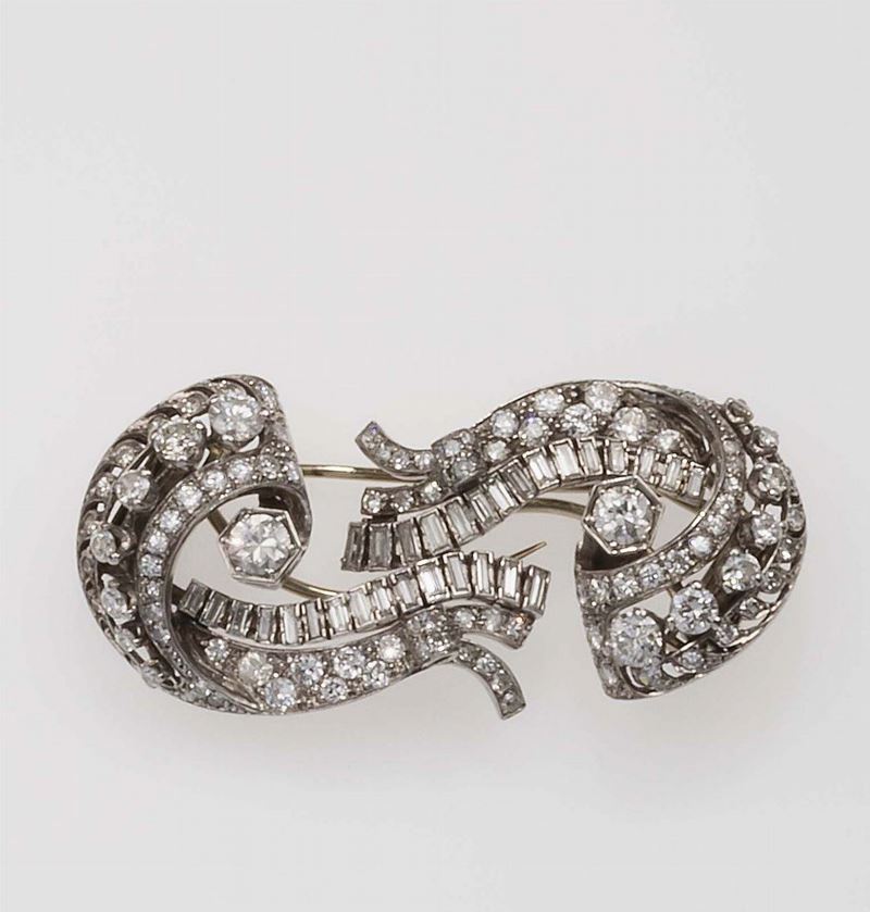 Diamond and platinum double-clip brooch  - Auction Fine Jewels - Cambi Casa d'Aste