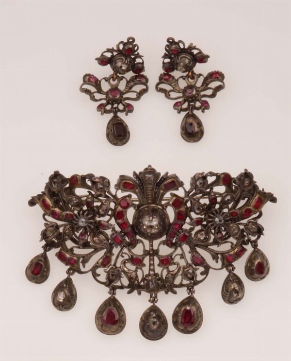 Rose-cut diamond, ruby, paste and silver pair of earrings and devant de corsage