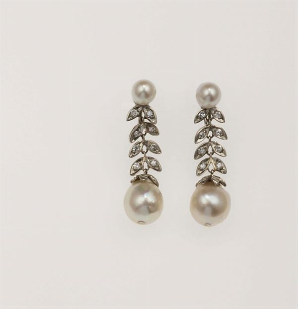 Pair of cultured pearl and diamond earrings