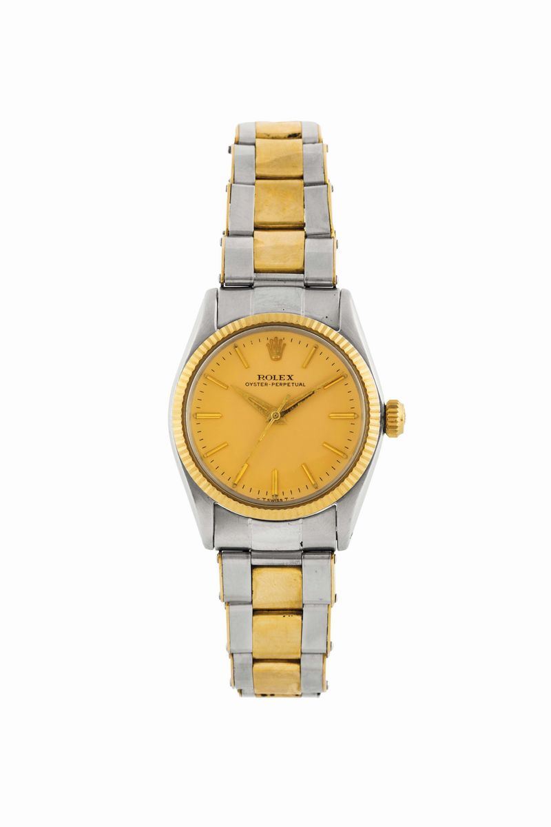 Rolex, Oyster Perpetual, case No. 1016290, Ref. 6551. Fine, centre second, self-winding, water-resistant, stainless steel and gold wristwatch with a steel and gold Rolex Oyster riveted elastic bracelet with deployant clasp. Made circa 1964  - Auction Watches and Pocket Watches - Cambi Casa d'Aste