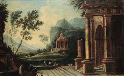 Vittorio Amedeo Cignaroli (torino 1730-1800), Ambito Dicoppia di Paesaggi con Rovine e Personaggi