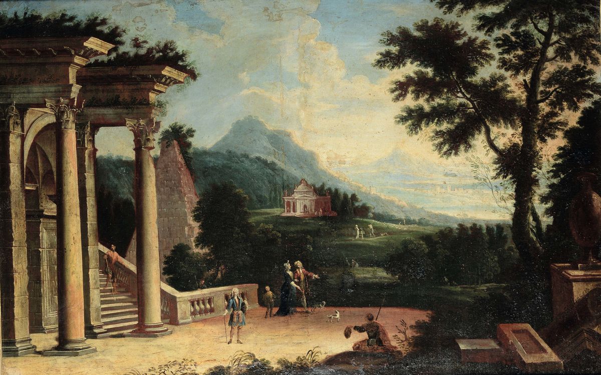 Vittorio Amedeo Cignaroli (torino 1730-1800), Ambito Dicoppia di Paesaggi con Rovine e Personaggi