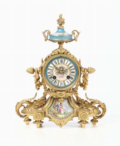 Pendola da Tavolo in Bronzo Dorato e Porcellane, Francia XIX-XX Secolo