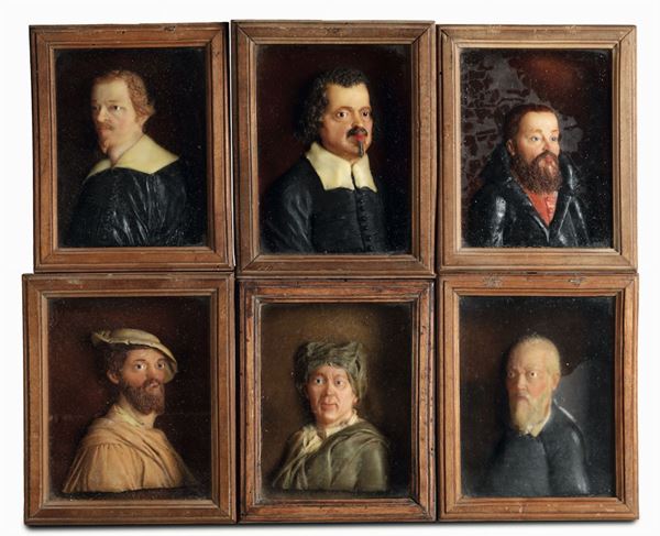 A group of six reliefs in polychrome wax, depicting portraits of painters within fruitwood cases. Caspar  [..]