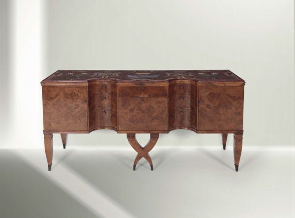 Tomaso Buzzi, a sideboard with a walnut structure, bronze details and a top with a hardstone inlay. Overtop in tempered and cut crystal. Manufactured for the chambers of the countess in the Contini Bonacossi palace. Made by cabinetmaker Magnoni, Italy, 1931 cm 187x92x60   Bibliography: I. de Guttry, M. P. Maino, Il mobile déco italiano, p. 115,  g 10-11, Laterza, 1988; M. Barovier, C. Sonego, Tomaso Buzzi alla Venini, Skira, 2014.