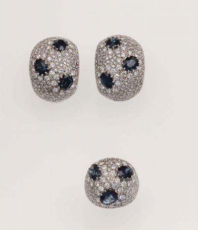 Parure Composta da Anello ed Orecchini con Pavé di Diamanti e Zaffiri