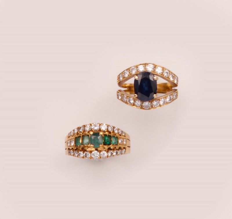 Lotto composto da anello con zaffiro e diamanti ed anello con smeraldi e diamanti  - Auction Vintage, Jewels and Watches - Cambi Casa d'Aste